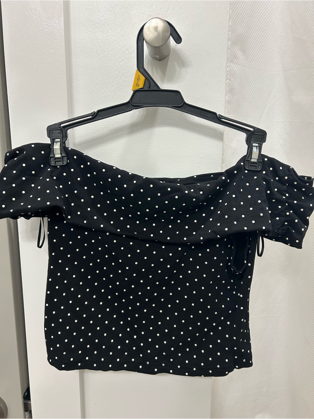 Le Lis Black and White Polka Dot Off-Shoulder Crop Top with Ruffle